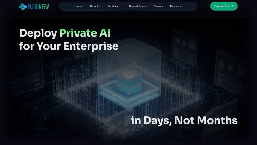 The FlexInfra homepage: a dark technical illustration with the headline Deploy Private AI for Your Enterprise.
