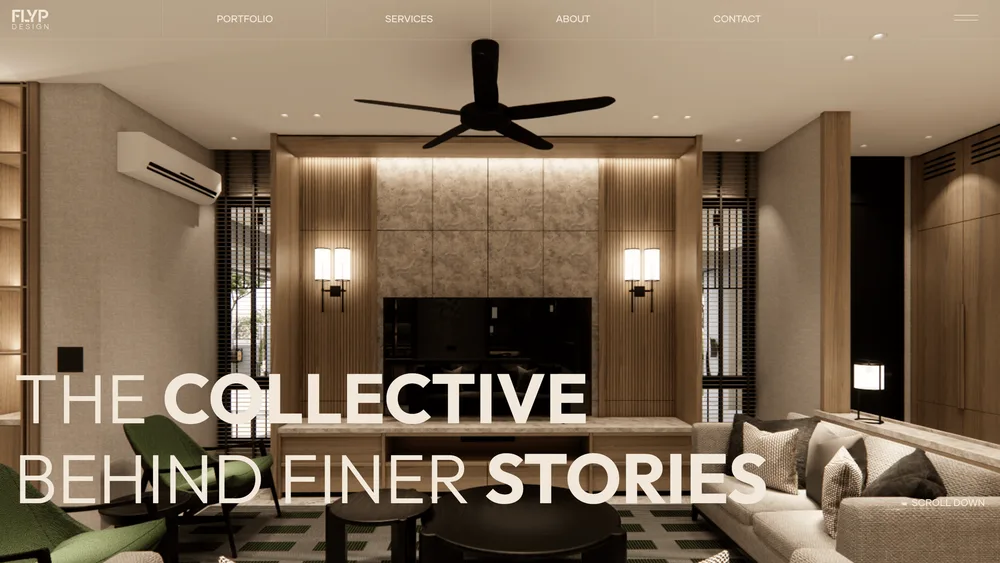 The Flyp Design homepage: a warm, lit living room behind the words The Collective Behind Finer Stories.