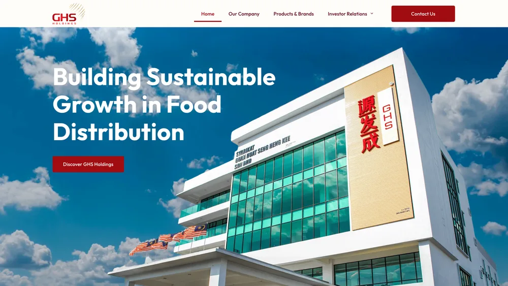 The GHS Holdings homepage: the company building under the headline Building Sustainable Growth in Food Distribution.
