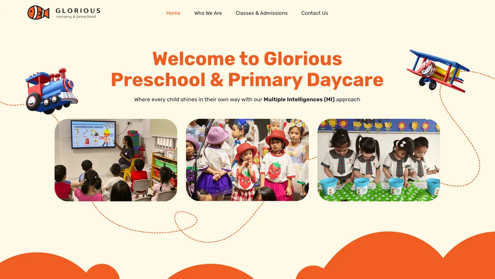 The Glorious Kids homepage: children in classrooms and a bright welcome headline.